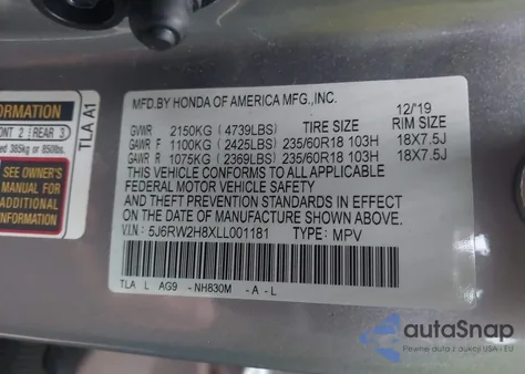 2020 Honda Cr-V Awd Ex-L from USA, damaged, VIN 5J6RW2H8XLL001181